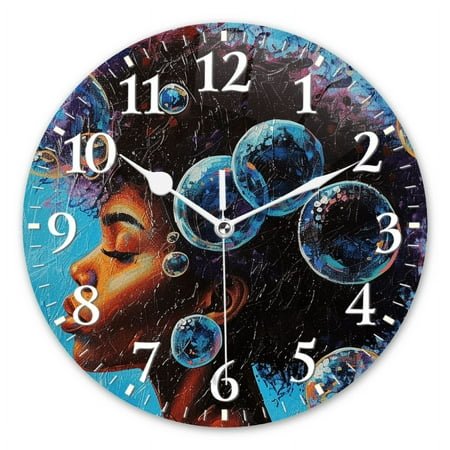 Silent Non-Ticking Wall Clock Quartz,Modern Round Clocks Decor for Living Room,Office,Kitchen-Beautiful Black Woman With Afro Surrounded By Bubbles(12inch)