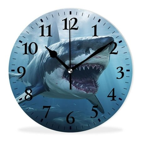 Silent Quartz Wall Clocks Non-Ticking Battery Operated Battery Operated Modern Wall Clocks for Office-Scary Great White Shark Open the Mouth(10inch)