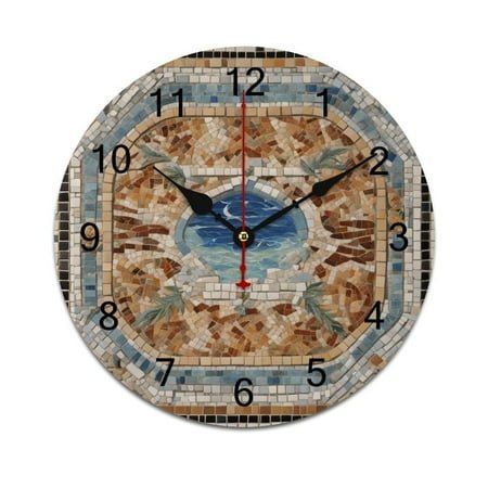 Silent Wall Clock 25cm/9.84in Round Wall Clock Mediterranean Style Mosaic Around Hanging Clock for Home Living Room Bedroom Kitchen Non Ticking Battery Operated Living Room Mute Clock
