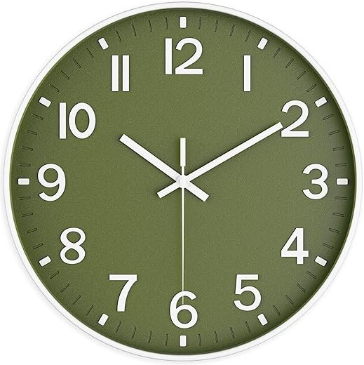 Silent Wall Clock Non-Ticking Battery Operated – Modern Olive Green Analog Wall Clock for Living Room, Kitchen, Office, Bedroom – Stylish Home Wall Decor Clock, 8 Inch