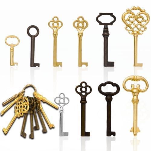 Skeleton Key Set, 10-Keys Universal Skeleton Keys Replacement for Vintage Old Furniture, Antique Furniture, Cabinet Doors, Grandfather Clocks, Old Style Cabinets or Doors