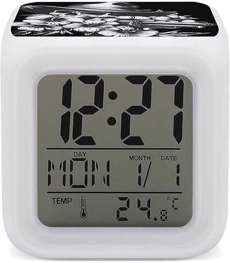 Skull and Gun Alarm Clock 7 Colors Change Digital Night Light LED Display Desktop Clock with Thermometer