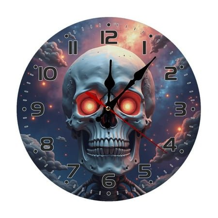 Skull Eyes Skeleton Wall Clock 10 Inch Silent Non Ticking Round Wooden Clock Decoration for Living Room Kitchen Bedroom Bathroom Office Classroom