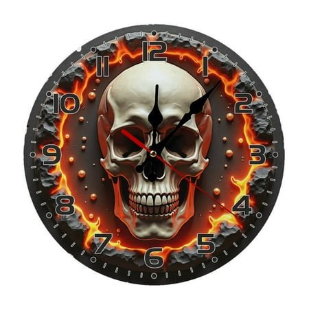 Skull Skeleton Fire Wall Clock 10 Inch Silent Non Ticking Round Wooden Clock Decoration for Living Room Kitchen Bedroom Bathroom Office Classroom