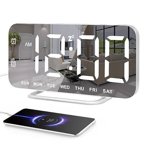 Slim LED Digital Alarm Clock, Mirror Surface for Makeup, with Diming, Large Display, Easy Setting, USB Ports, Modern Decor for Bedroom, Desk, Christmas, Birthday Gift for Women, Daughter, Girl, White