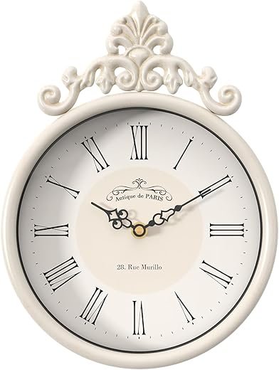 Small Retro French Decorative Wall Clock, Ivory White Antique Vintage Boho Style, Battery Operated Silent Decor Wall Clocks for Farmhouse,Bathroom,Bedroom,Kitchen(10.23" H x 7.87" W)