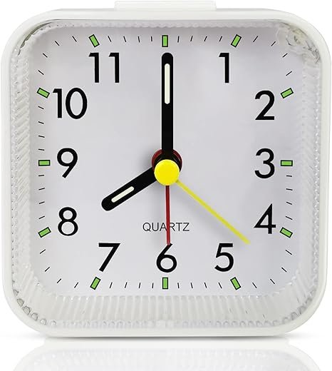 Small White Kids Desk Battery Alarm Clock, Analog Travel Clock, Quieter Bedside Clocks for Bedrooms Bathroom Living Room Kitchen Shelf