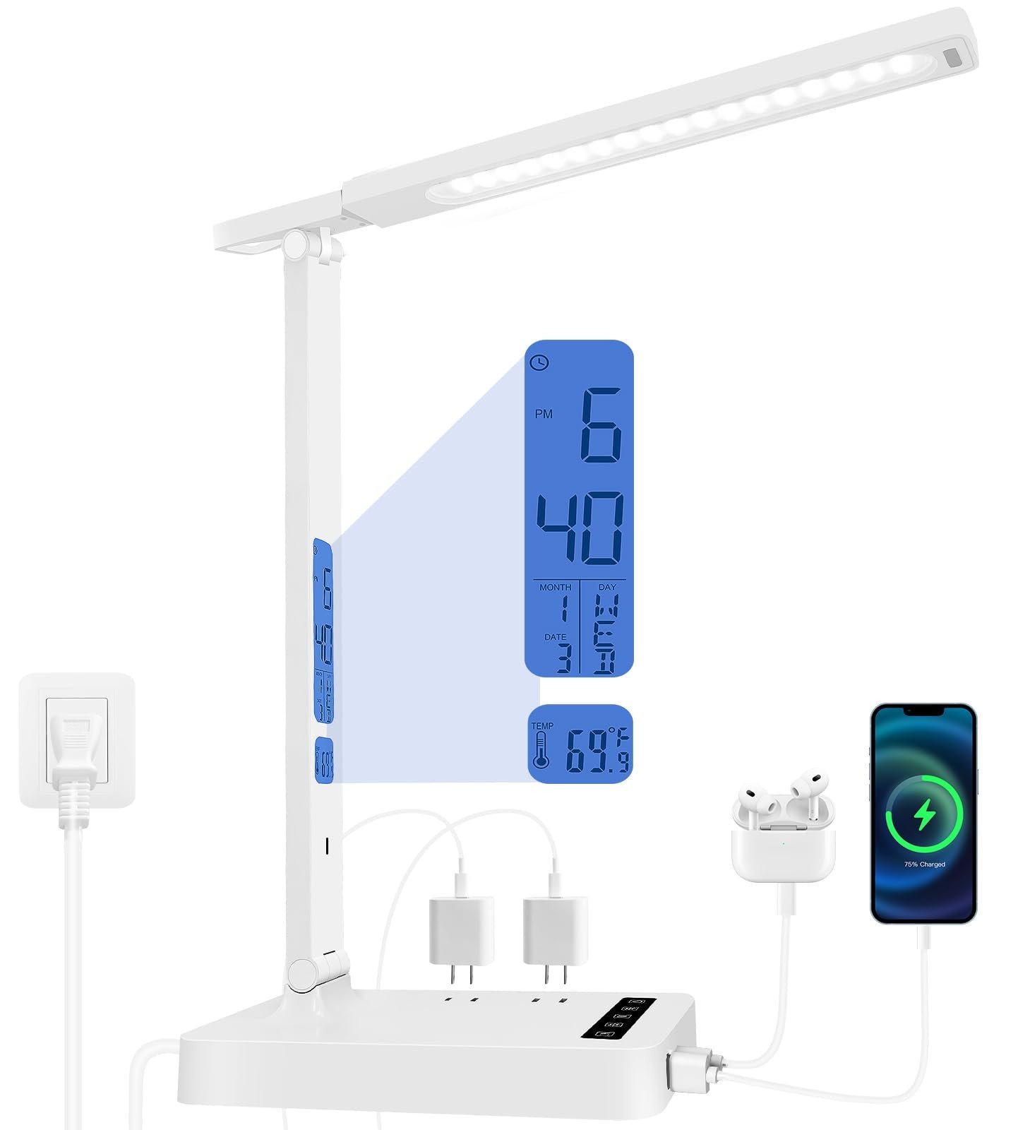 Smart Desk Lamp with Digital Clock, 4-in-1 Charging Station (2 AC Outlets, Ty...