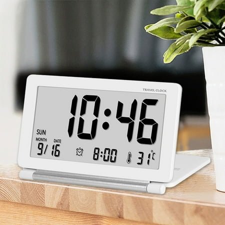 Smart Digital Alarm Clock with Temperature Display Battery Powered Flip Top Travel Electronic Clock HD LCD Screen 12/24H Mode Date Function Snooze for Desk Home Office