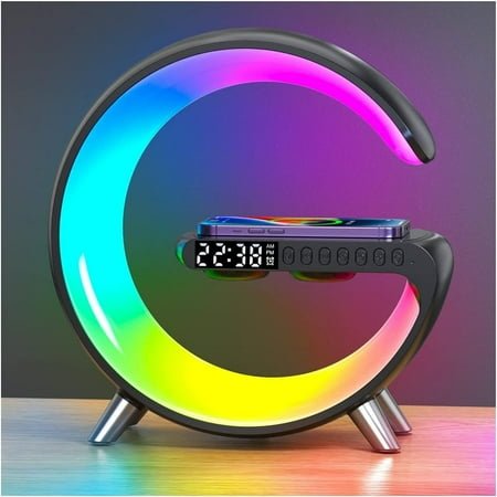 Smart LED Desk Lamp, 4-in-1 Wireless Charger, Night Light, Alarm Clock and Bluetooth Speaker with App Control for Bedroom, Office and Home Decoration,Black