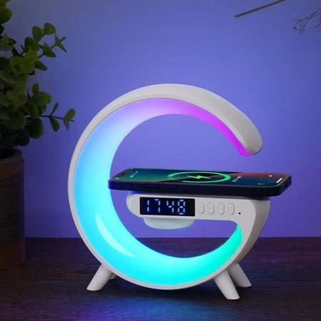 Smart LED Table Lamp, 4-in-1 Wireless Charger, Night Light, Alarm Clock, and Bluetooth Speaker with App Control for Bedroom, Office, and Home Decor