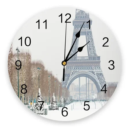 Snowy Paris Street Eiffel Tower 3D Wall Clock Modern Design Brief Living Room Decoration Kitchen Clock Art Wall Watch Home Decor（10 Inch）