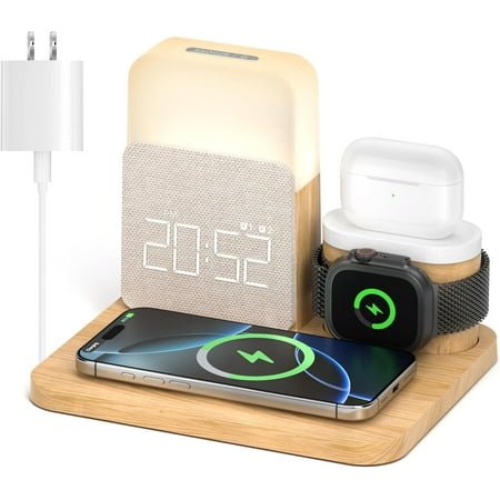 SNYMW Alarm Clock Charging Station for Bedrooms, 7 in 1 Wireless Charging Station, Mag-Safe Charger with Night Light Bedside Clock for iPhone 16 15 14 13 12 Pro Max, Apple Watch, AirPods Wood