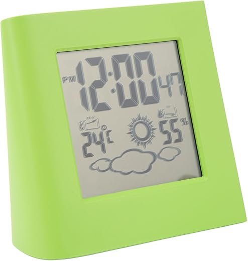 Solar Alarm Clock Solar Powered Alarm Clock Eco Friendly Alarm Clock Solar Desk Clock Solar Charging Clock for Weather Forcast Clock Solar Powered LCD Display Clock (Green)
