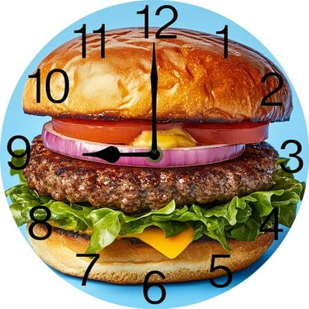Soliyoahee 10inch Wooden Round Kids Room Clocks Hamburger Clock Hamburger Delicious Food Clock Food Lovers Silent Battery Powered for Kitchen Living Room Bedroom