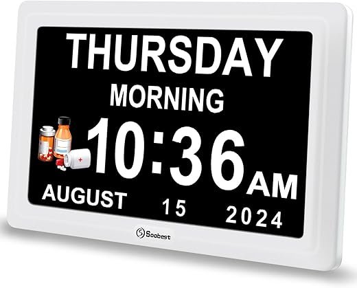 Soobest Digital Dementia Alarm Clock for Seniors Elderly, Electric Large Display Date Day of Week Time Calendar Clock 20 Reminders 3 Ringtones for Memory Loss Alzheimers, Auto DST/Dimmer, 1024*600P HD
