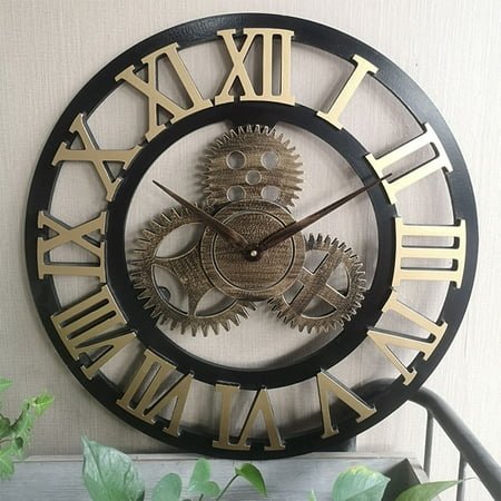 SOPOTUTU Mechanic Wall Clock Metal Silent Room Golden 1Set