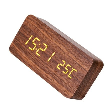 SOPOTUTU Modern Wooden LED Alarm Clock with Temperature Display, Brown, Digital Desk Clock with Snooze and Night Light