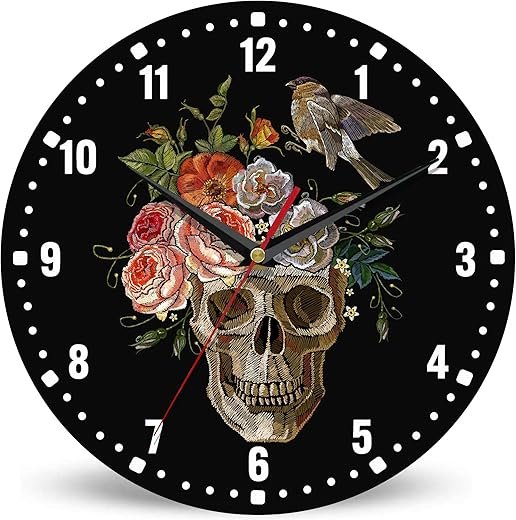 SPUNKER Halloween Wall Clocks,Gothic Skull Wall Clocks for Living Room Decor,Vintage Rose Bird Kitchen Clocks Wall Battery Operated - 10 Inch Round Bathroom Wall Clock Silent Non-Ticking