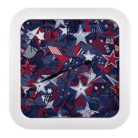 Square Clock 10.2in Easy To Hang Sweep Second Sound Light For Office Bedroom Living Room Classroom Dining Room Hanging Blue Red American Flag Color Matching Stars