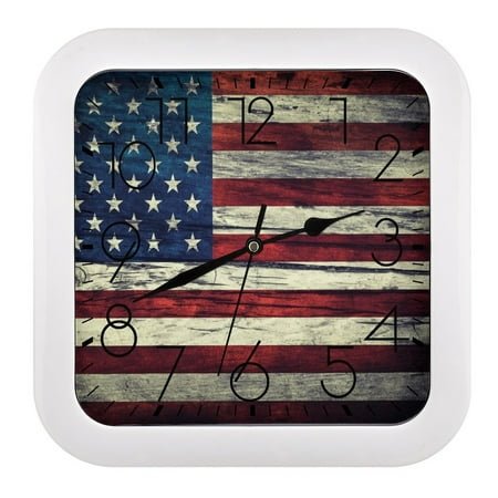 Square Clock 10.2in Easy To Hang Sweep Second Sound Light For Office Bedroom Living Room Classroom Dining Room Hanging Vintage American Flag United States 4th July