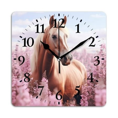 Square Wall Clock,Palomino Horse In Pink Field Of Flowers,Silent Non-Ticking Wall Clock Decor for Home Office Kitchen Living Room Bedroom(10inch)
