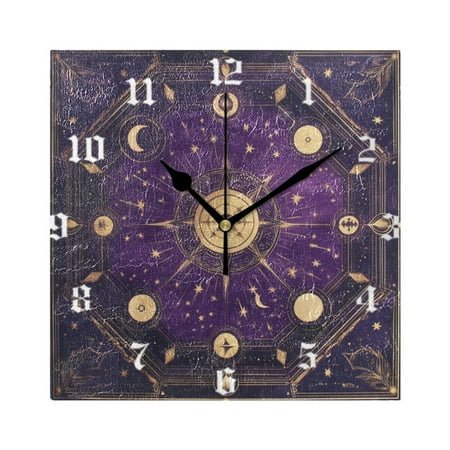 Square Wall Clock Silent Non-Ticking Battery Operated Retro 7.78 Clock for Bedroom Living Room Decor Purple Celestial Octagon Pattern
