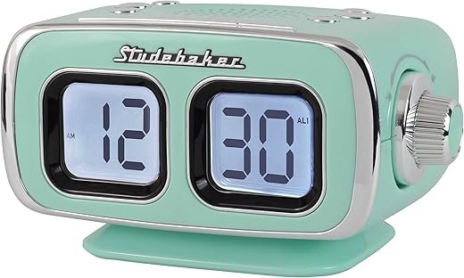 Studebaker Large Display LCD AM/FM Retro Clock Radio USB Bluetooth Aux-in Bedroom Kitchen Counter Small Footprint (Teal)