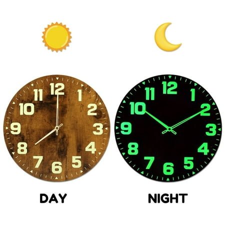 SUGARMOM Luminous Wall Clocks Wooden Glow in The Dark Clock 12 inch Silent Non-Ticking Lighted Wall Clock Battery Operated Night Light Clock Home Decoration for Living Room Office Kitchen