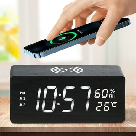 Summercome Wooden Digital Alarm Clock with Wireless Charging for Bedroom, Bedside Nightstand Clock with Charger Station, USB Port, Large Numbers, Adjustable Volume, Brightness Dimmer