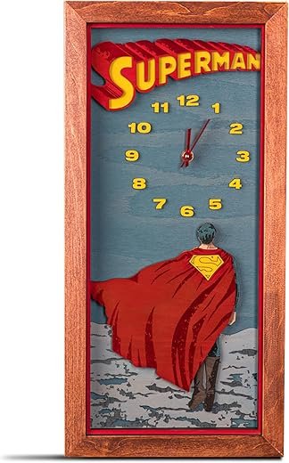 Superman 3D Wall Clock - Unique Collectible Wooden Clock, Silent Large Modern Rustic Decorative Home Decor for DC Fans (Reddish Brown, M)
