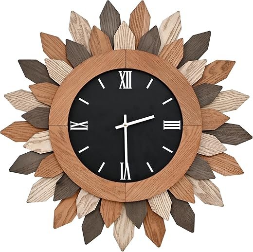 SwallowLiving 24 Large Boho Farmhouse Sun Style Wall Clock Silent, Battery Operated, Decorative Wood Clock for Living Room, Office, Dining Room, Bedroom, and Kitchen