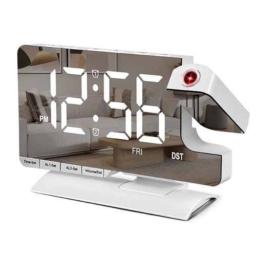 SZELAM Digital Clock,Alarm Clock Bedside with Projection,7.3" Mirror Clock with 180°Rotating Projector,Dual Alarm with 3 Mode,Brightnee Adjust,DST,Snooze,Charging Port,5 Levels Volume for Desk Teens