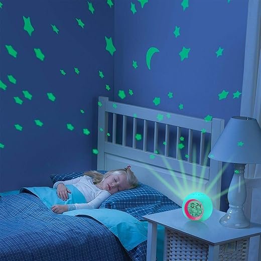 Tarklanda Kids Alarm Clock,Moon Stars Projector Alarm Clock,7 Color Changing Night Light,Snooze Touch Control Temperature for Kids’ Bedroom, Digital Clock for Girls Boys Children