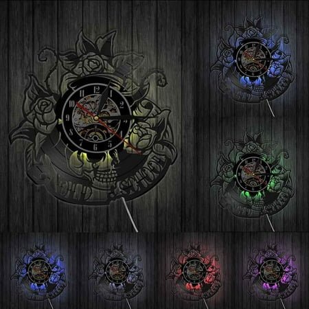 Tattoo Skull with Rose Vinyl Record Wall Clock Skeleton Skull Thorn Roses Silent Quartz Wall Watch Gothic Home Art Wall Decor