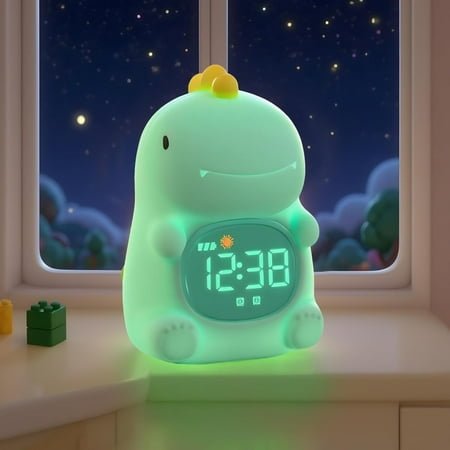 TCJJ Kids Sleep Training Alarm Clock with Night Light - OK to Wake Clock & Sound Machine, Rechargeable Silicone Animal Lamp for Boys Girls Bedroom (Dinosaurs)