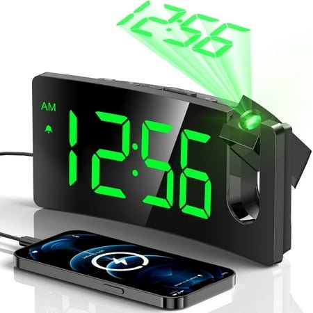 Teetheory Projection Alarm Clock, Digital Clock with 180° Rotatable Projector, 3-Level Brightness Dimmer, Clear LED Display, USB Charger, Progressive Volume, 9mins Snooze, Digital Alarm Clock, Green