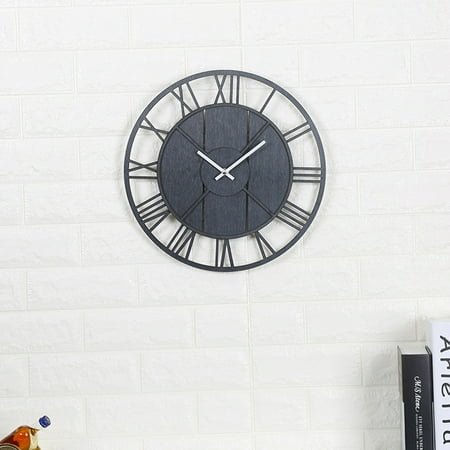 TEHAUX Wooden Clock with Roman Numerals for Decor Black Wall Clock 13.7 Inch Round