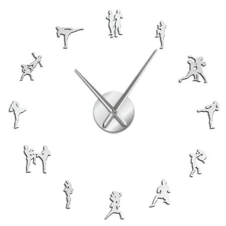 Thai Box Fighting Silhouettes Frameless Wall Clock Stickers, DIY Modern Decorative Clocks for Living Room, Bedroom, Office - Easy to Install, Large 3D Clock Design (Silver,27in)