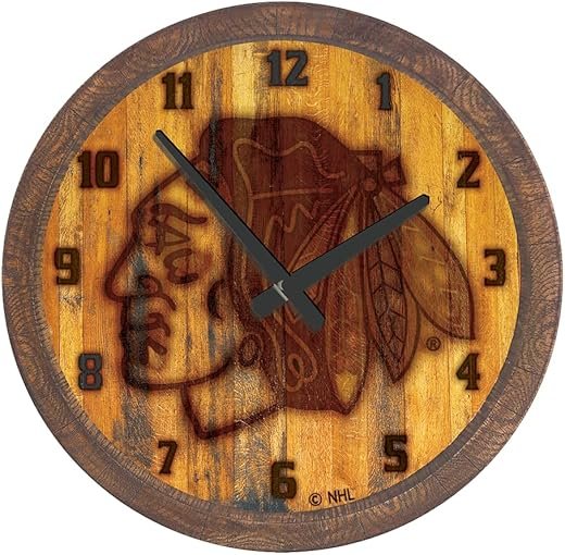 The Fan-Brand NHL Chicago Blackhawks: Branded Faux Barrel Top Wall Clock - Sports Team Bar Sign Décor - Home Man Cave, Party Decoration - Made On Demand