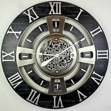 THE GEARS CLOCK Wall Clock with Real Moving Gears EN-LI_ 36 in Round Vintage-Black