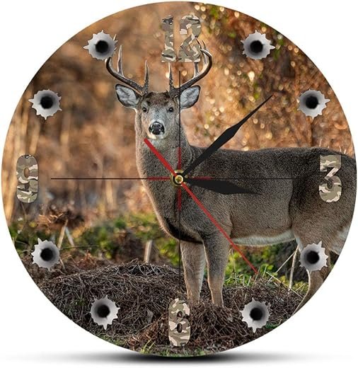 The Geeky Days Deer Wall Clock, 12 Inch Cabin Hunting Clock Round Silent Non Ticking Battery Operated Rustic Wildlife Wall Decor Deer Clocks for Walls Man Cave Wildlife Deer Hunting Gifts