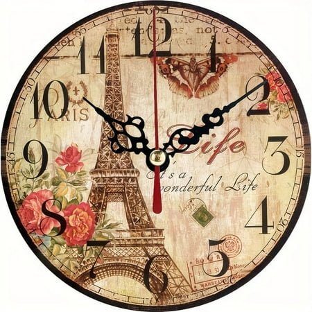 The Rose Butterfly Circular Clock, The Eiffel Tower In France Pattern, Silent Battery Operated Clock, Suitable For Living Rooms, Kitchens (AA Battery Not Included)