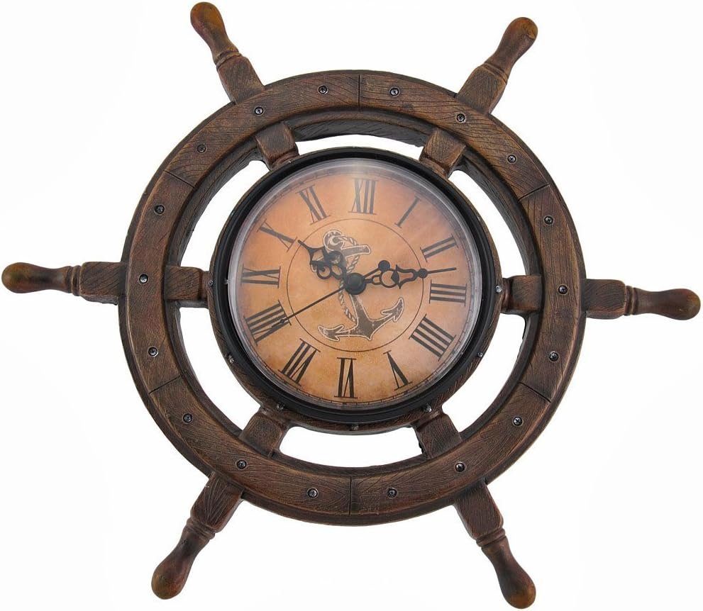 Things2Die4 Master of Destiny 11.5-Inch Diameter Ship Wheel Wall Clock - Cast Resin Vintage Nautical Elegance for Coastal Homes and Beach Houses