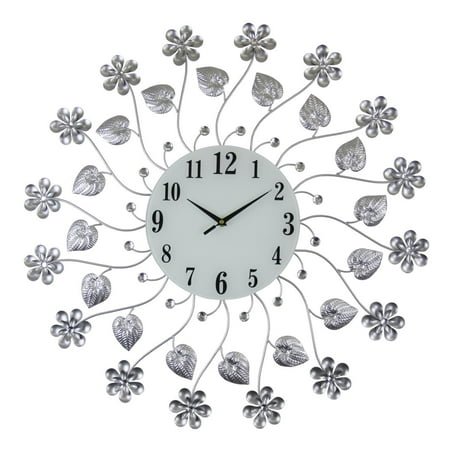 Three Star Import & Export YC760 27 in. Round Wall Clock, Silver Flowers