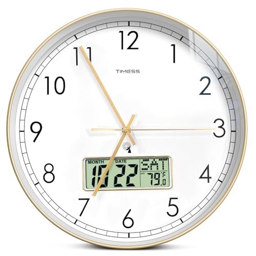 TIMESS Atomic Analog Wall Clock, WWVB Self-Setting Battery Operated 12" Dial Non-Ticking Silent Easy to Read & Use Clock with LCD Display, Ideal Modern Home, Kitchen, Office Décor (Gold)