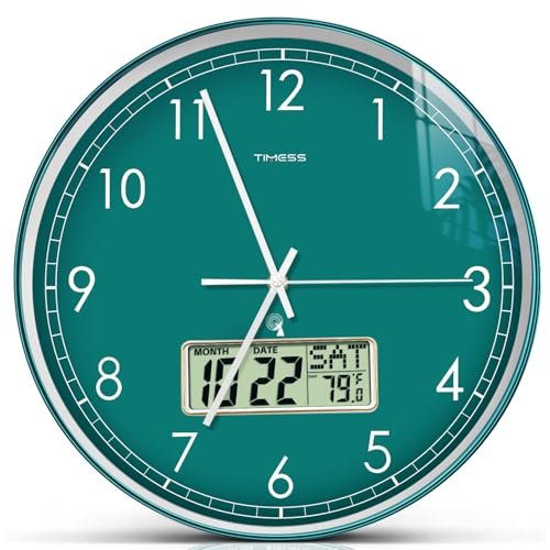 TIMESS Atomic Analog Wall Clock, WWVB Self-Setting Battery Operated 12" Dial Non-Ticking Silent Easy to Read & Use Clock with LCD Display, Ideal Modern Home, Kitchen, Office Décor (Green)