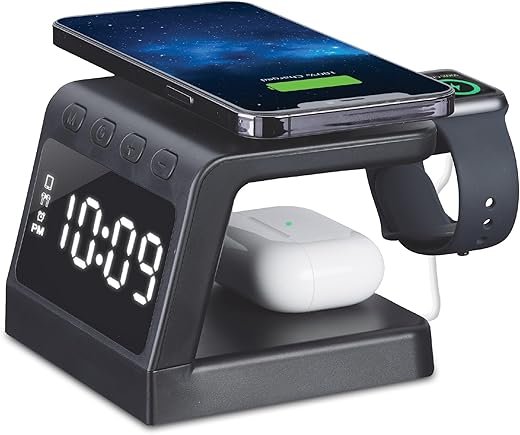 Timex Alarm Clock with Fast Wireless Charging Station for iPhone and AirPods, Includes Apple Watch Mount - Black (TWW30B)