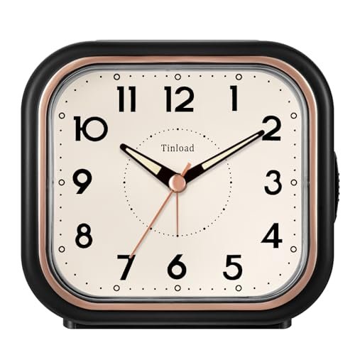 Tinload 4.5" Vintage Retro Analog Alarm Clock, Super Silent Non Ticking Clock with Manual Light, Snooze, Battery Operated, Simply Design, for Living Room, Bedroom, Bedside, Desk(Black)