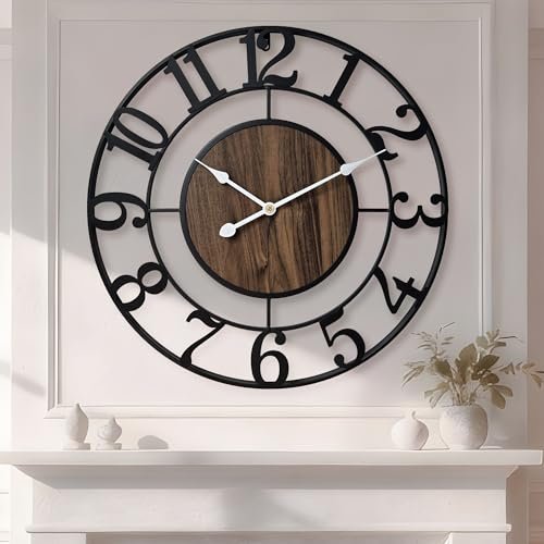 Tixmtry Large Metal Wall Clock, 30 Inch Retro Decorative Silent, Non Ticking, Battery Operated Modern Big Wood Wall Clock for Living Room, Farmhouse, Bedroom, Fireplace, Kitchen, Office, Home Decor